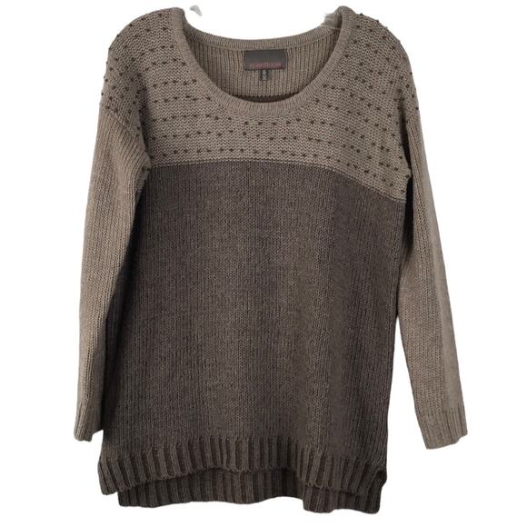 Heartloom Two Tone Tunic Sweater Beaded Shoulders Crew Neck Brown Tan Size Small - Picture 1 of 11